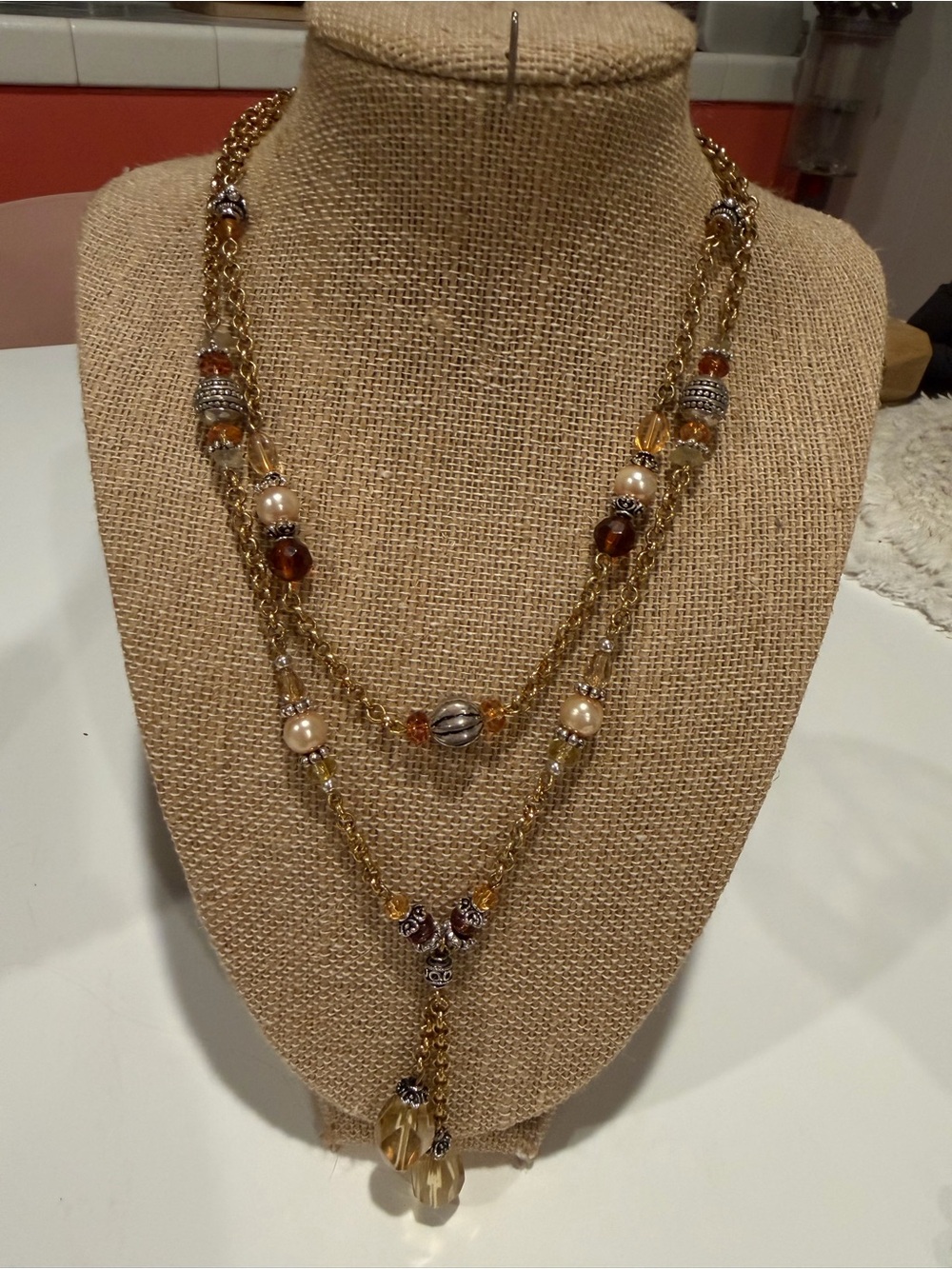 Avon Gold-Tone Multi-Strand Beaded Necklace in Amber and Pearl - quality